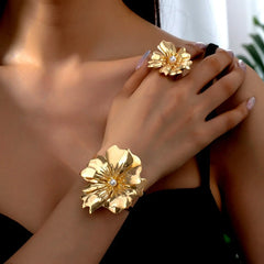 14K Gold-Plated Artistic Bead Flower Bracelet And Ring Set - chic gold flower bracelet