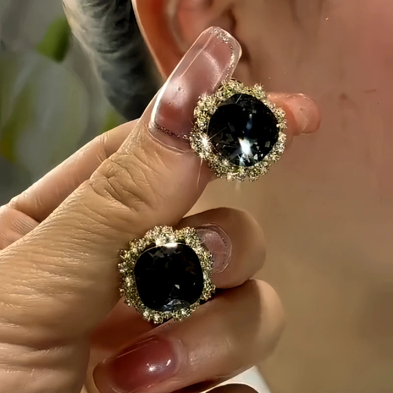 14K Gold-Plated Balck Crystal Stud Earrings - elegant gold stud earrings