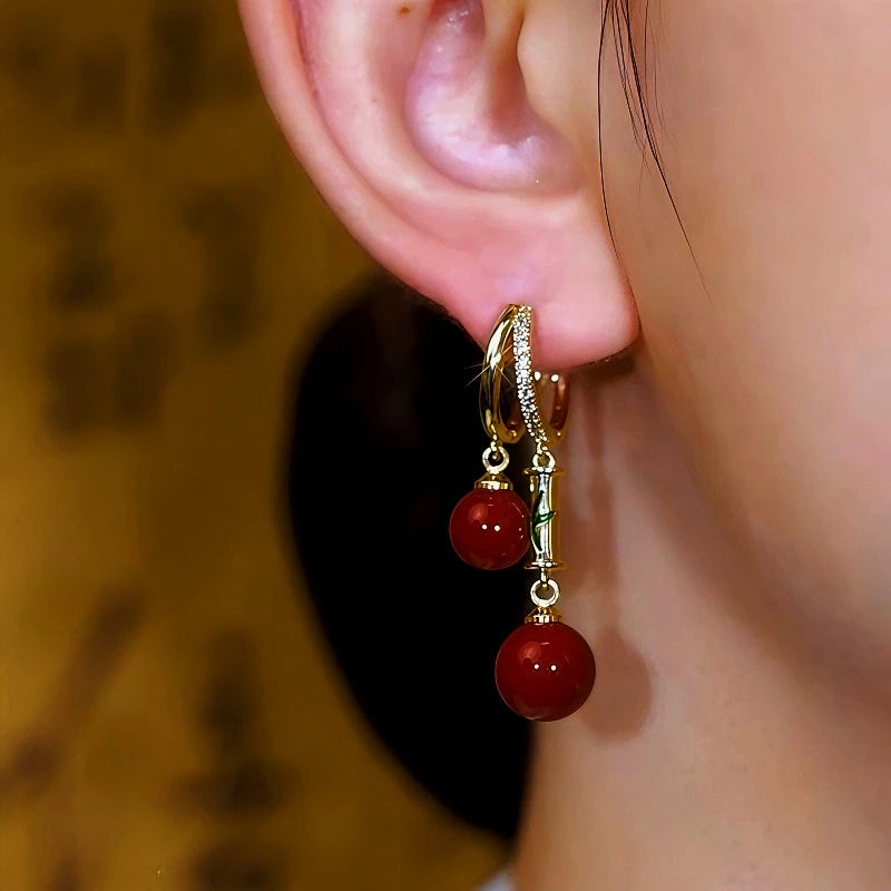 14K Gold-Plated Bamboo Red Pearl Earrings - elegant gold pearl earrings