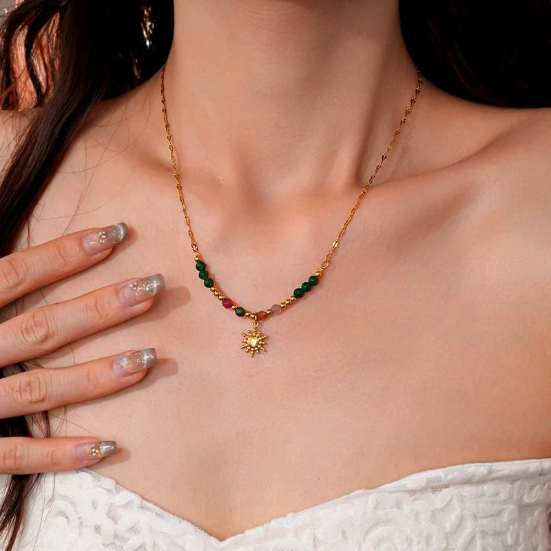 14K Gold-Plated Beaded Sun Necklace - beautiful gold sun necklace