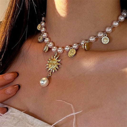 14K Gold-Plated Beaded Sunflower Personality Necklace worn to showcase its length and pendant detail