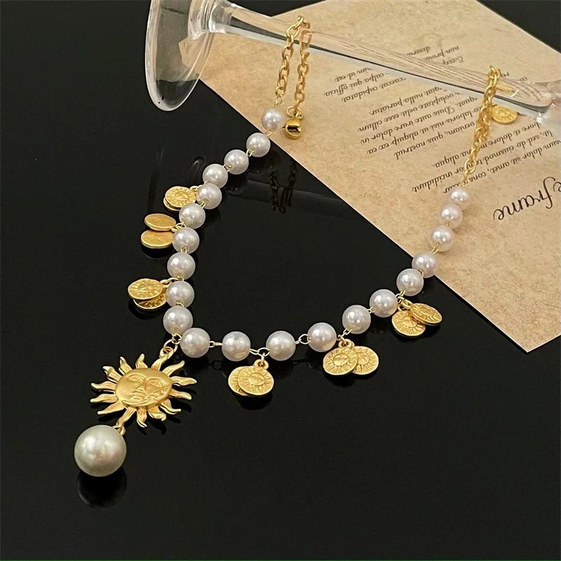 Detailed view of the 14K Gold-Plated Beaded Sunflower Personality Necklace chain and pendant