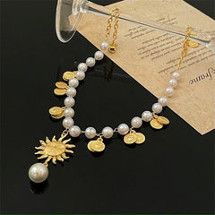 Detailed view of the 14K Gold-Plated Beaded Sunflower Personality Necklace chain and pendant