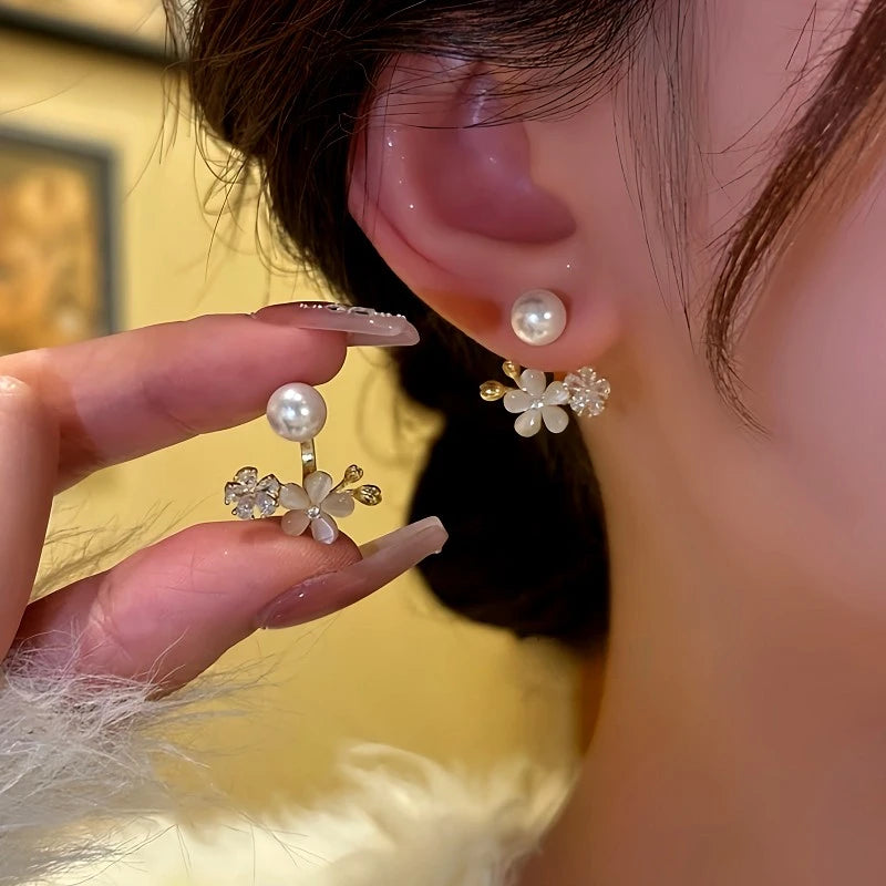 14K Gold-Plated Beads Zircon Cat's Eye Flower Jacket Earrings - elegant gold flower earrings
