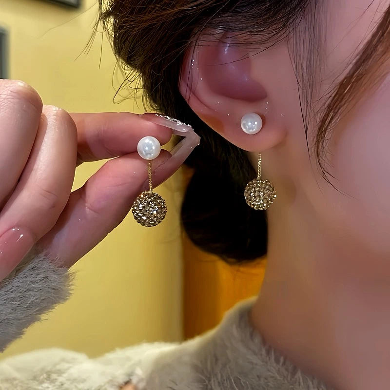 14K Gold-Plated Beads Zircon Diamond Ball Earrings - elegant gold drop earrings