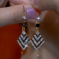 14K Gold-Plated Black And White Diamond Threader Tassel Earrings - elegant gold threader earrings