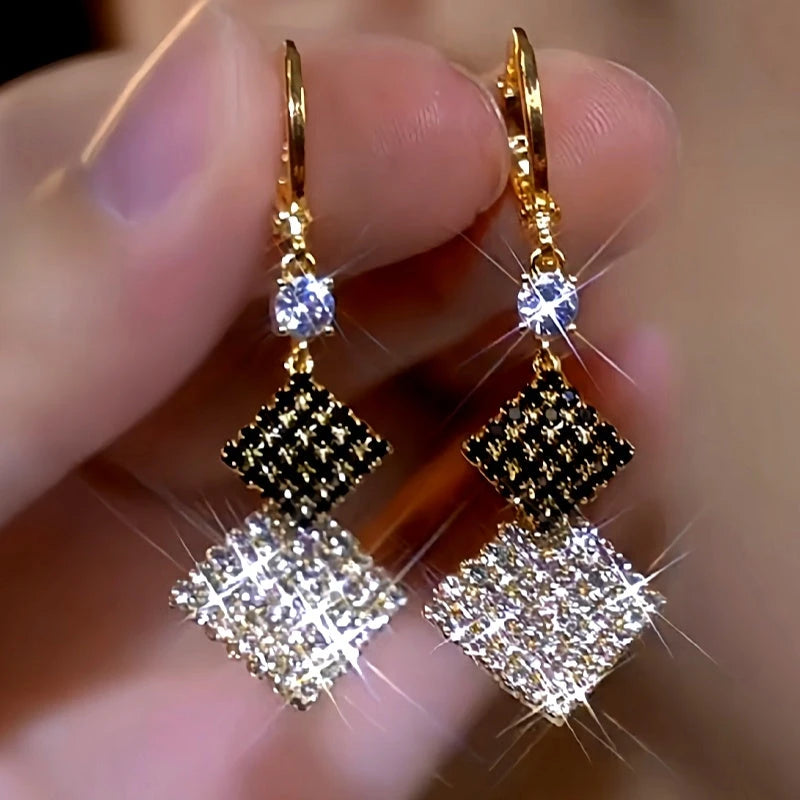 14K Gold-Plated Black And White Double-Layer Diamond Earrings - elegant gold drop earrings