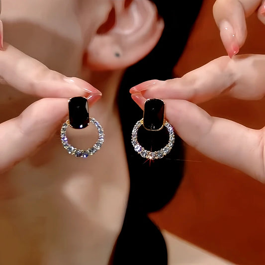 14K Gold-Plated Black Crystal Hoop Diamond Earrings - elegant gold hoop earrings