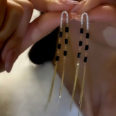 14K Gold-Plated Black Crystal Long Tassel Earrings - elegant gold tassel earrings