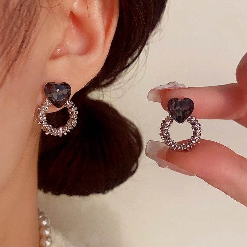 14K Gold-Plated Black Diamond Heart Hoop Earrings - elegant Heart Hoop Earrings