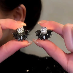 14K Gold-Plated Black Zircon Flower Earrings - elegant Zircon Flower Earrings
