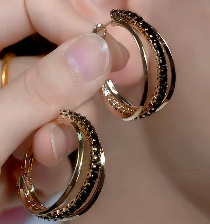 14K Gold-Plated Black Zircon Hoop Earrings - elegant Black Zircon Hoops