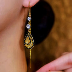 Model showcasing the dangle and style of the 14K Gold-Plated Black Zircon Mesh Water Drop Threader Earrings