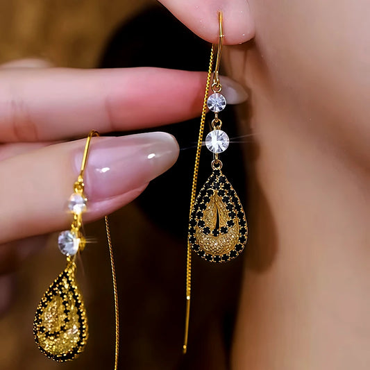 14K Gold-Plated Black Zircon Mesh Water Drop Threader Earrings - elegant Mesh Threader Earrings