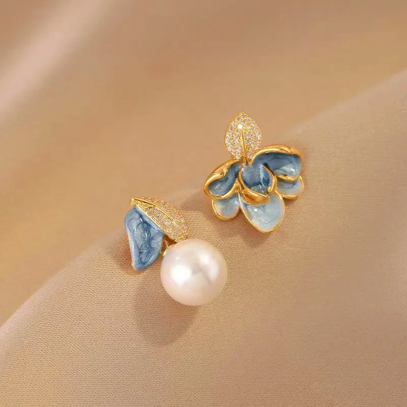 14K Gold-Plated Blue Camellia Pearl Earrings - elegant Camellia Pearl Earrings
