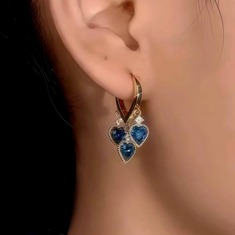 14K Gold-Plated Blue Crystal Heart Tassel Earrings - elegant Heart Tassel Earrings