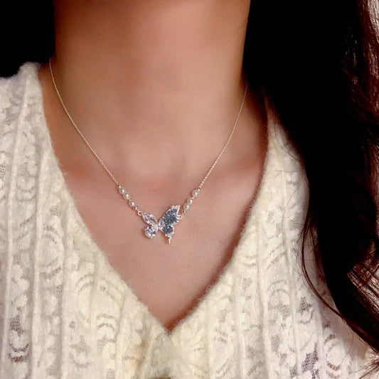 14K Gold-Plated Blue Crystal Splicing Butterfly Pearl Necklaces - beautiful Butterfly Pearl Necklace