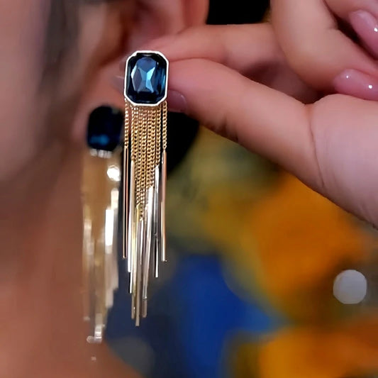 14K Gold-Plated Blue Crystal Tassel Earrings - elegant Blue Tassel Earrings