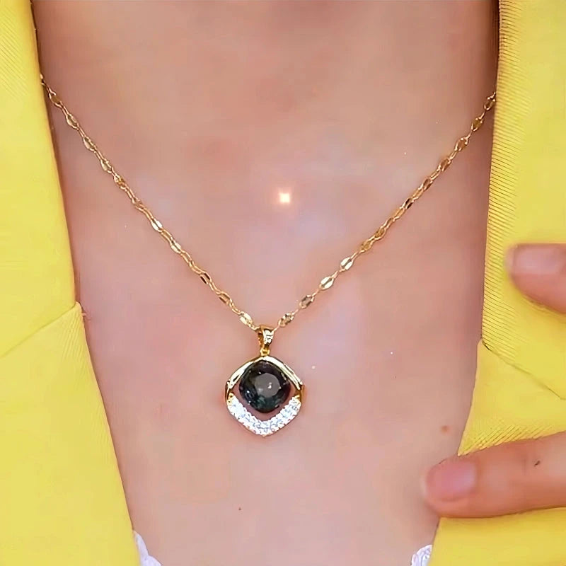 14K Gold-Plated Blue Geometric Crystal Necklace worn to showcase its length and pendant detail