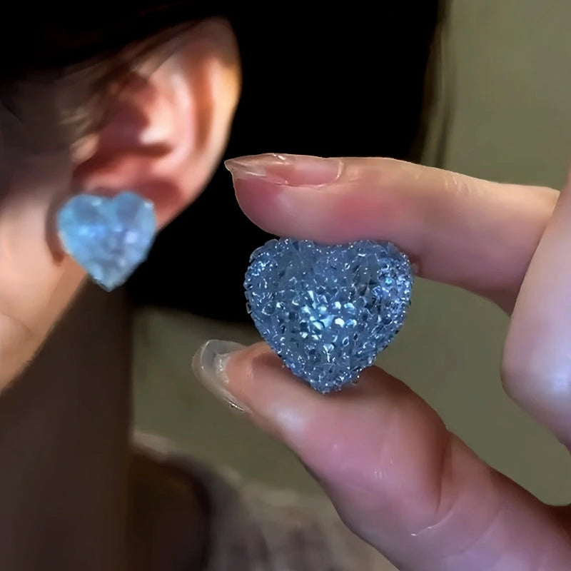 14K Gold-Plated Blue Zircon Crystal Heart Stud Earrings - elegant Crystal Heart Studs