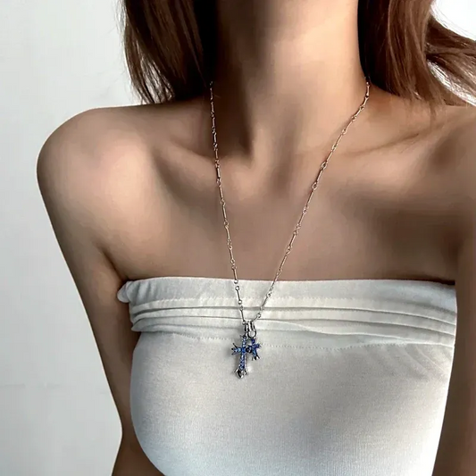 14K Gold-Plated Blue Zircon Diamond Cross Necklace worn to showcase its length and pendant detail