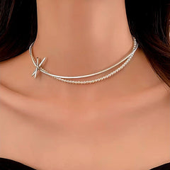 14K Gold-Plated Bow Pearl Clavicle Necklaces worn to showcase its length and pendant detail