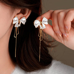 14K Gold-Plated Bow Tassel Earrings - elegant White Tassel Earrings