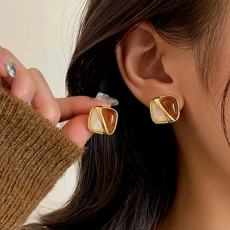 14K Gold-Plated Brown And White Square Earrings - elegant Square Earrings