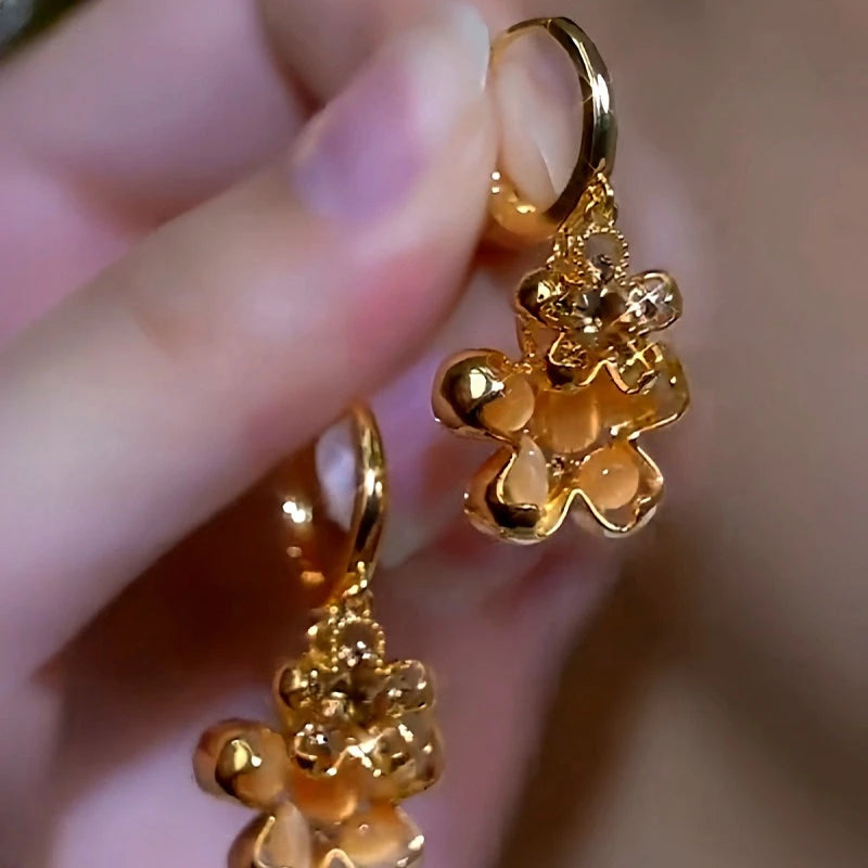 Close-up detail of the sparkling zircons and plating on the Brown Crystal Earrings