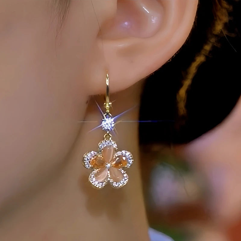 Close-up detail of the sparkling zircons and plating on the Crystal Flower Earrings