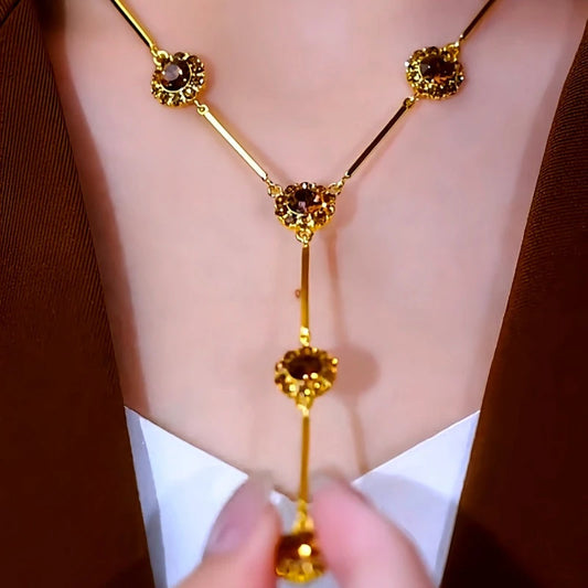 14K Gold-Plated Brown Crystal Tassel Necklace - beautiful Tassel Necklace