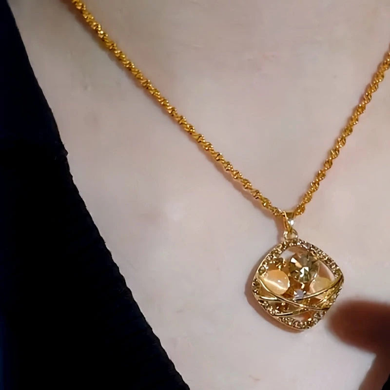 14K Gold-Plated Brown Diamond Cat's Eye Stone Pendant Necklace worn to showcase its length and pendant detail