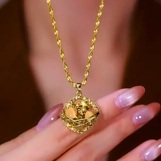 14K Gold-Plated Brown Diamond Cat's Eye Stone Pendant Necklace worn to showcase its length and pendant detail