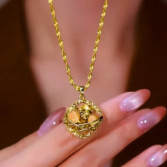 14K Gold-Plated Brown Diamond Cat's Eye Stone Pendant Necklace worn to showcase its length and pendant detail