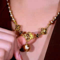 14K Gold-Plated Brown Diamond Four-Leaf Flower Bead Necklace - beautiful Flower Bead Necklace