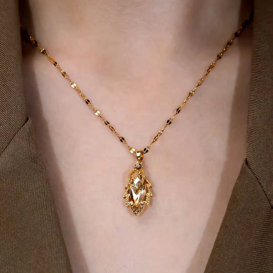 14K Gold-Plated Brown Diamond Leaf Pendant Necklace worn to showcase its length and pendant detail