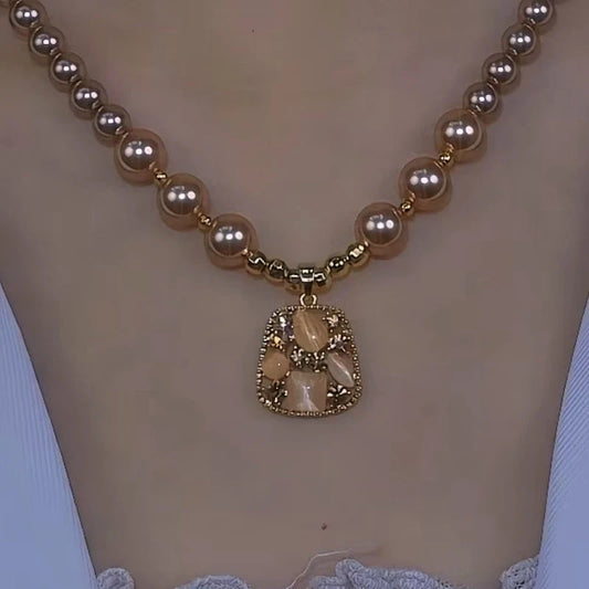 14K Gold-Plated Brown Zircon Bead Necklace worn to showcase its length and pendant detail