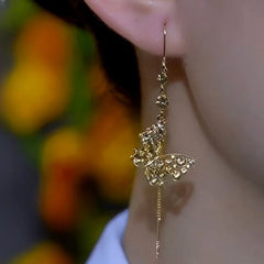 Close-up detail of the sparkling zircons and plating on the Butterfly Threader Earrings