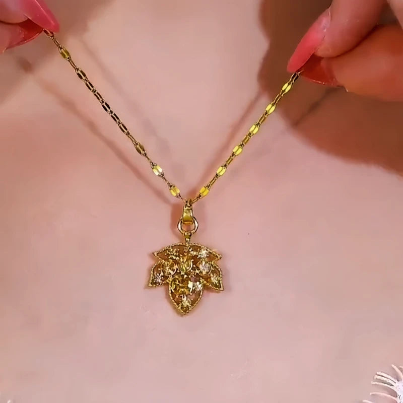 14K Gold-Plated Brown Zircon Diamond Maple Leaf Necklace - beautiful Maple Leaf Necklace