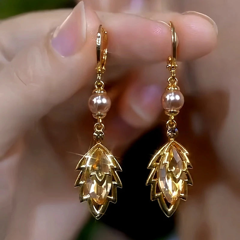 14K Gold-Plated Brown Zircon Jade Leaf Pearl Earrings - elegant Pearl Leaf Earrings