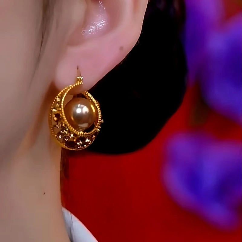 Close-up detail of the sparkling zircons and plating on the Zircon Pearl Earrings