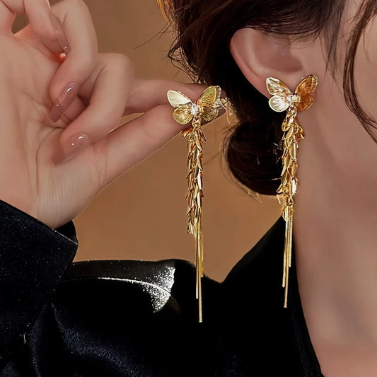 14K Gold-Plated Butterfly Tassel Earrings - elegant Butterfly Tassel Earrings