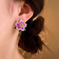 Close-up detail of the sparkling zircons and plating on the Camellia Earrings