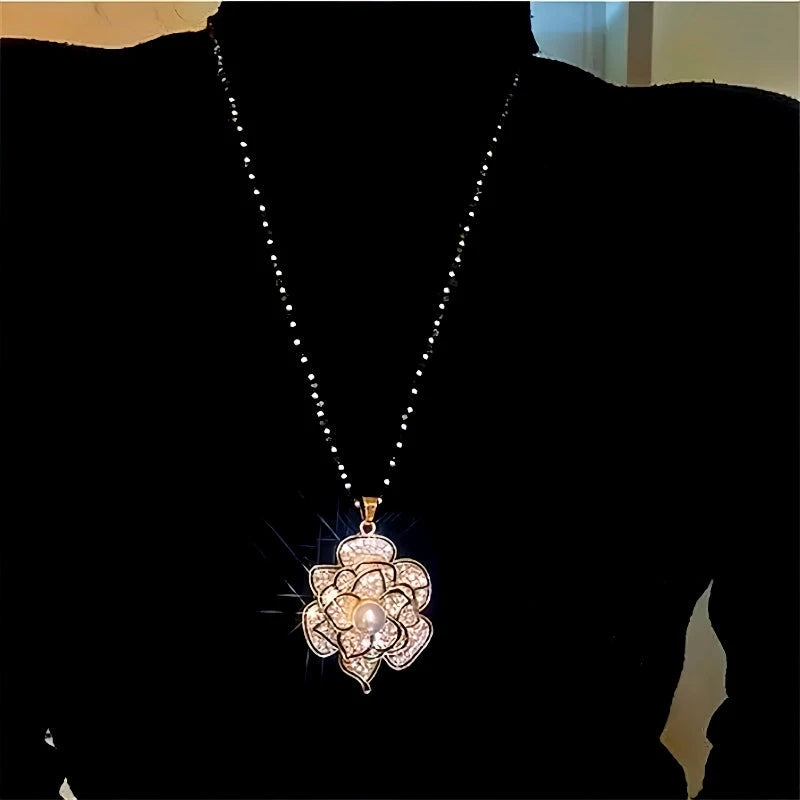 14K Gold-Plated Camellia Sweater Chain With Diamond Necklace - beautiful Sweater Chain Necklace