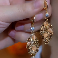 14K Gold-Plated Cat's Eye Brown Diaomd Jade Leaves Earrings - elegant Jade Leaves Earrings