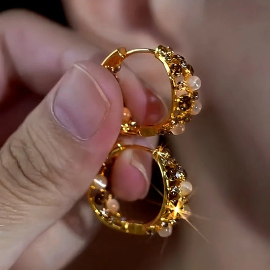 14K Gold-Plated Cat's Eye Brown Zircon Hoop Earrings - elegant Cat's Eye Hoops