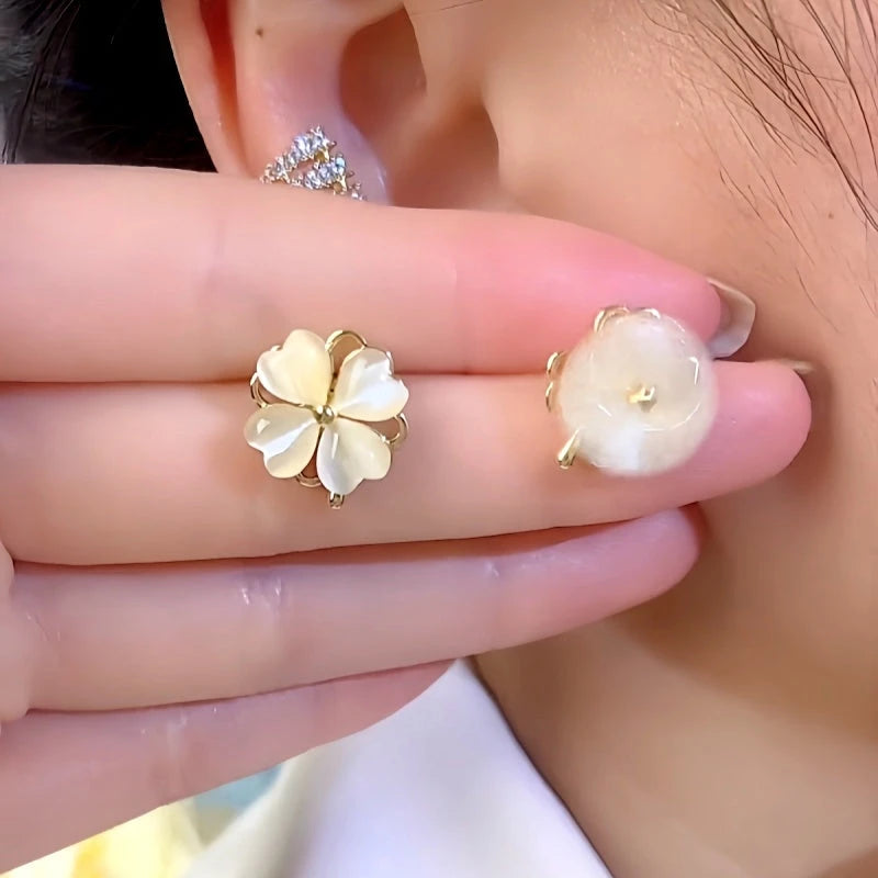 14K Gold-Plated Cat's Eye Four-Leaf Flower Rotatable Stud Earrings - elegant Rotatable Stud Earrings