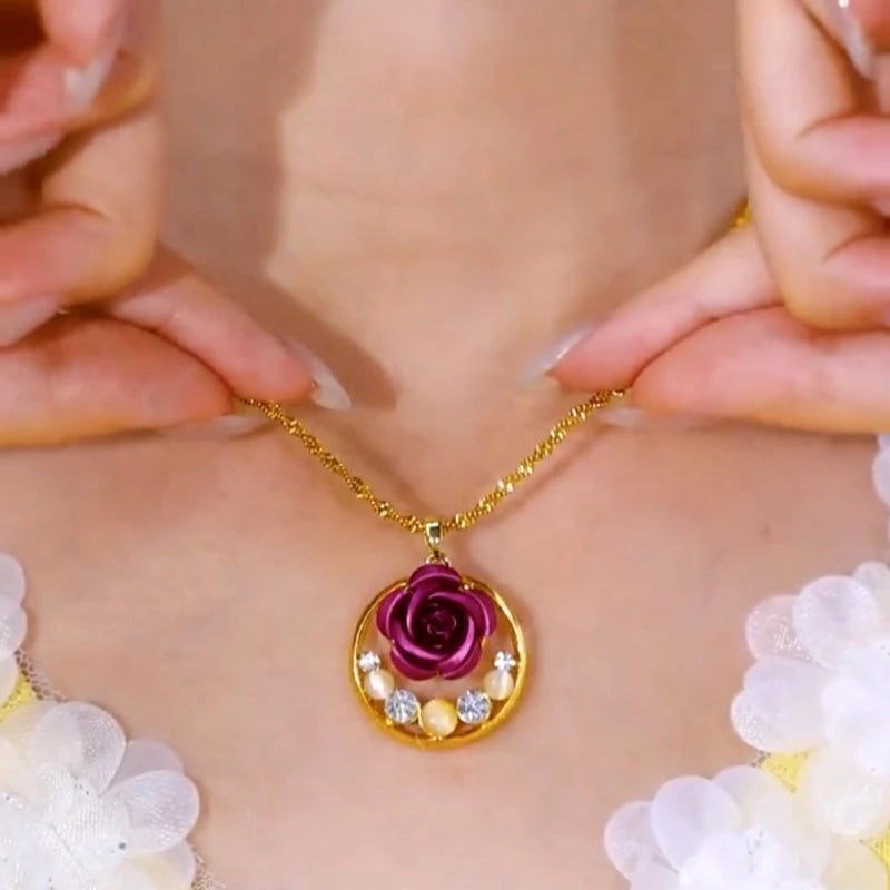 Detailed view of the 14K Gold-Plated Cat's Eye Purple Rose Pendant Necklace chain and pendant