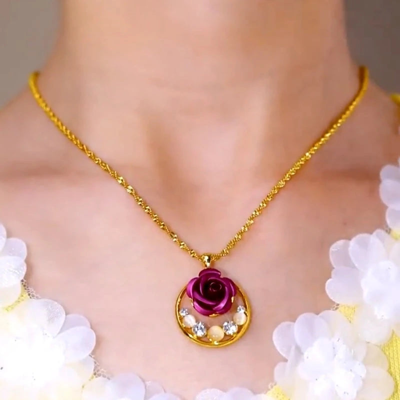 14K Gold-Plated Cat's Eye Purple Rose Pendant Necklace - beautiful Rose Pendant Necklace