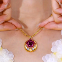 Detailed view of the 14K Gold-Plated Cat's Eye Purple Rose Pendant Necklace chain and pendant